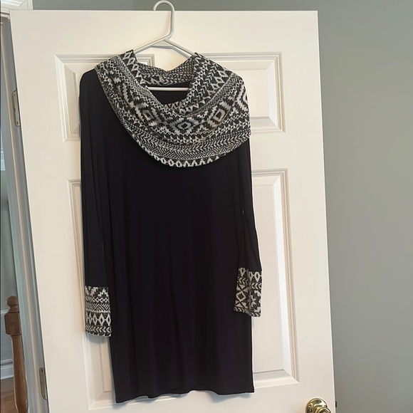 Gray and Navy Blue Long Sleeve Cowl Neck Sweater Dress - Picture 1 of 7